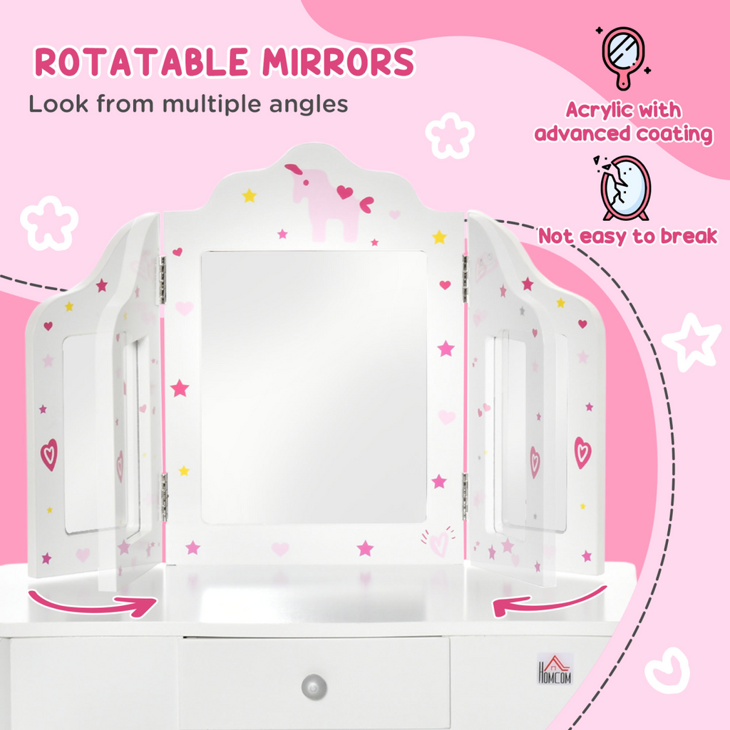 Kids Vanity Table & Stool Girls Dressing Set w/ Rotatable Mirror Drawer HOMCOM
