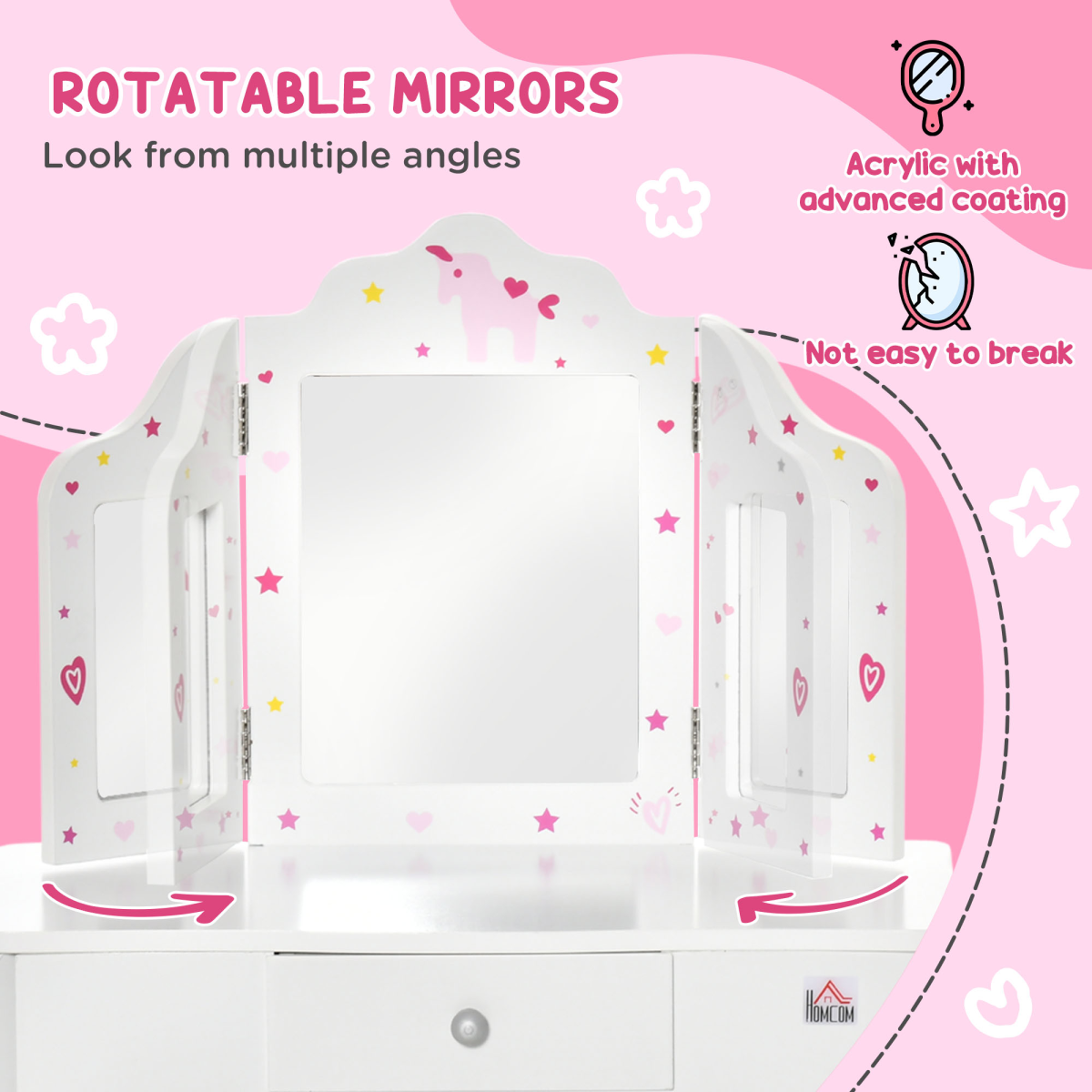 Kids Vanity Table & Stool Girls Dressing Set w/ Rotatable Mirror Drawer HOMCOM
