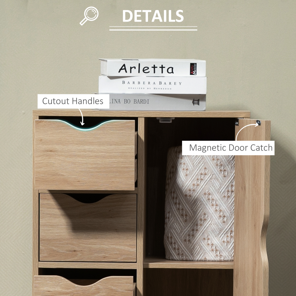 HOMCOM Freestanding Bathroom Cabinet with 4 Drawers and Door Cupboard Natural