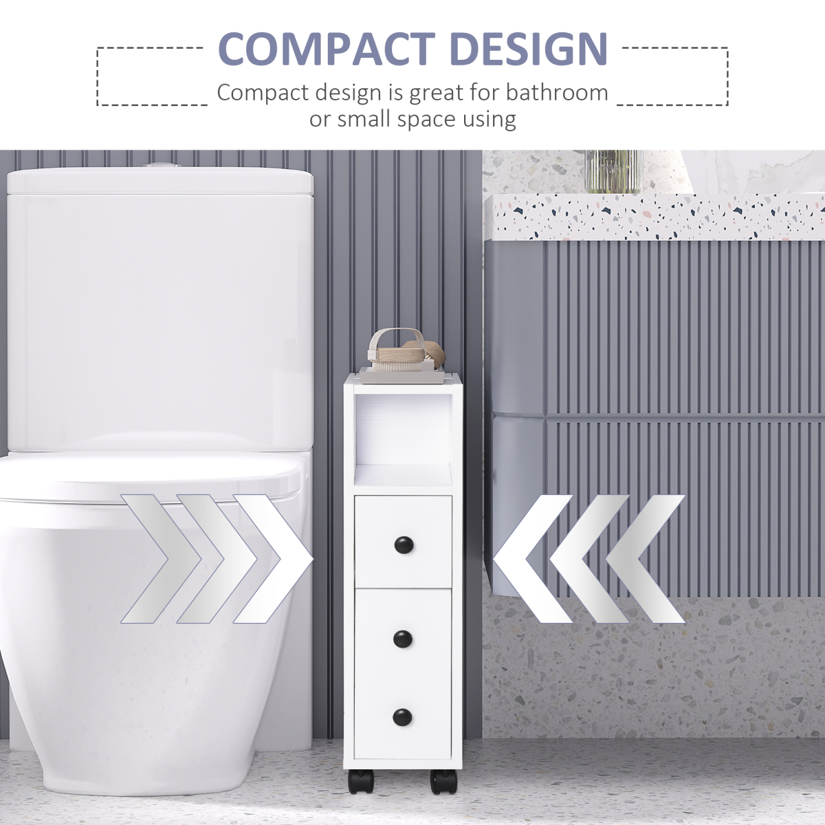 Slimline Bathroom Storage Unit with 2 Drawers 2 Open Compartments Wheels White