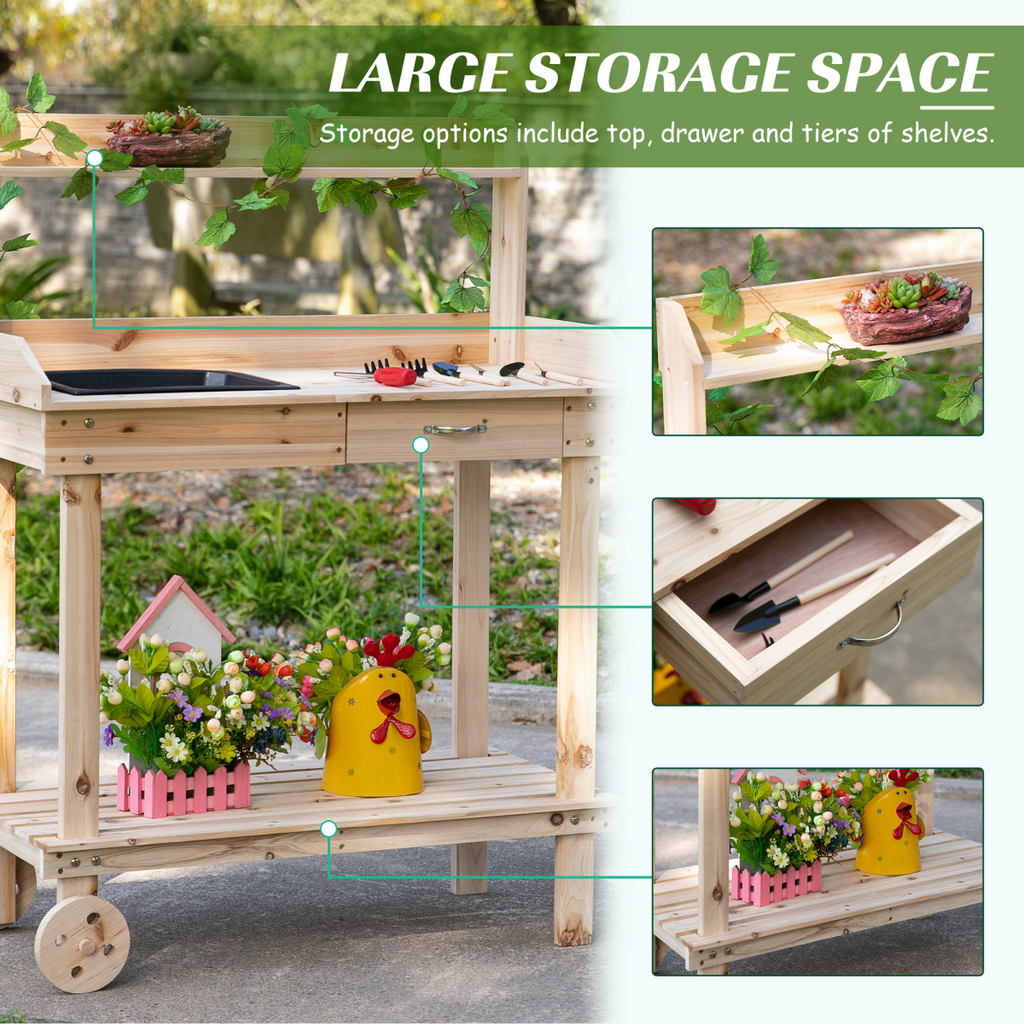 Wooden Bench Work Table & 2 Wheels, Sink, Drawer & Storage Spaces, 92x45x119cm