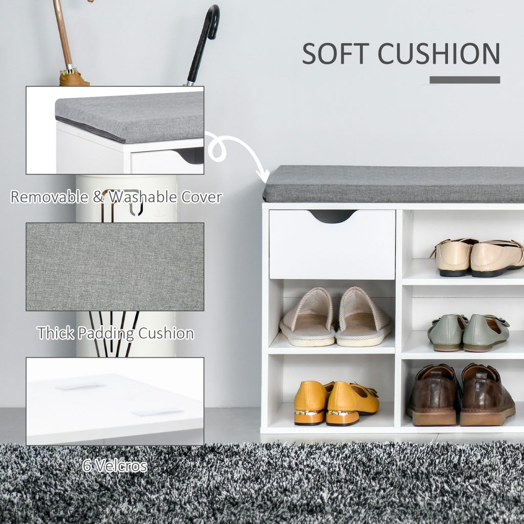HOMCOM Shoe Storage Cabinet Bench w/ Cushion Adjustable Shelves White and Grey