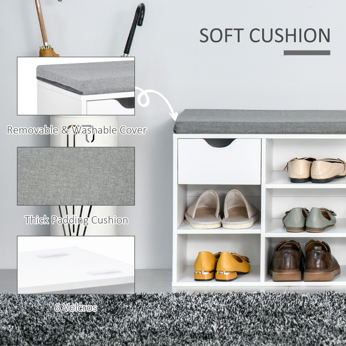 HOMCOM Shoe Storage Cabinet Bench w/ Cushion Adjustable Shelves White and Grey