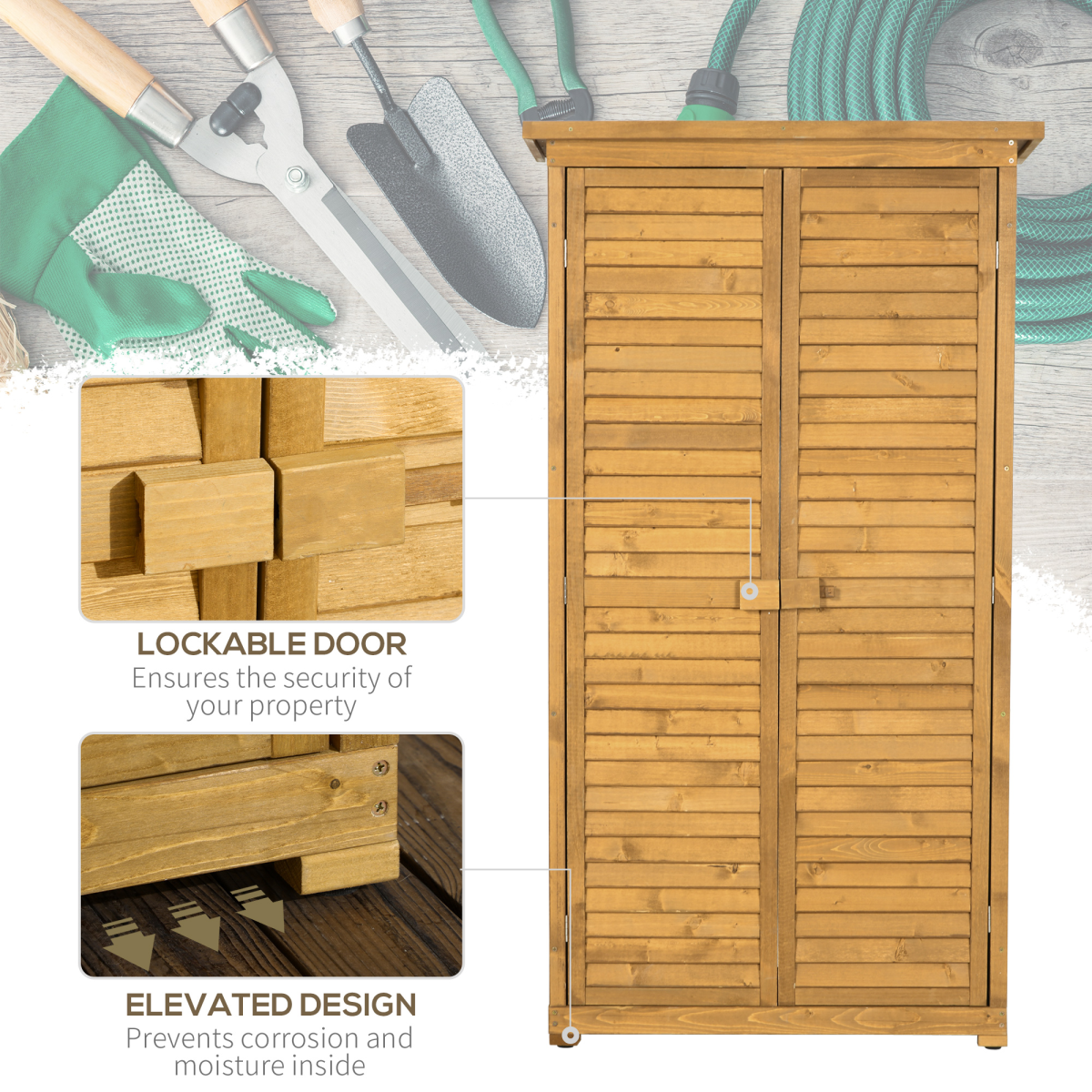 Wooden Garden Storage Shed Unit, 3-Tier Shelves Tool Cabinet Organizer