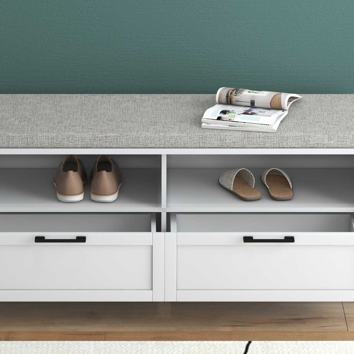HOMCOM Shoe Bench with Removable Cushion, Open Compartments and Drawers