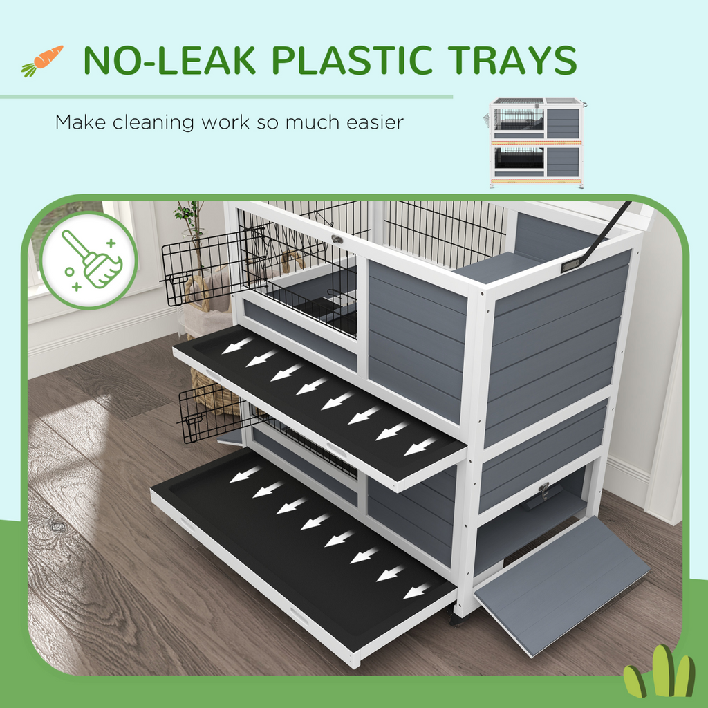 PawHut Double Deckers Indoor Rabbit Hutch w/ Feeding Trough, Slide-Out Trays