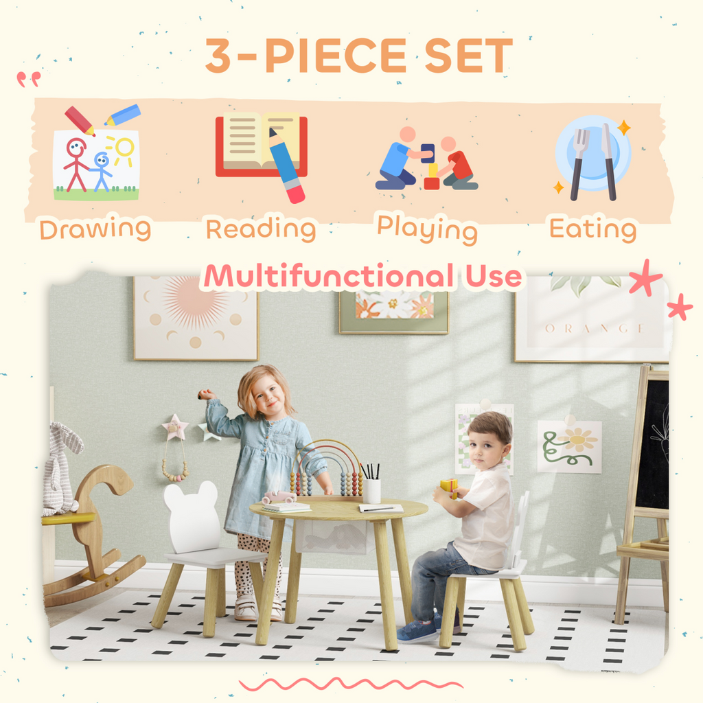 AIYAPLAY 3 Pieces Toddler Table and Chair Set with Centre Mesh Bag