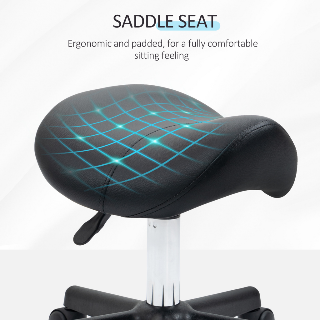 Saddle Stool PU Leather Adjustable Rolling Salon Chair Steel Frame for Massage