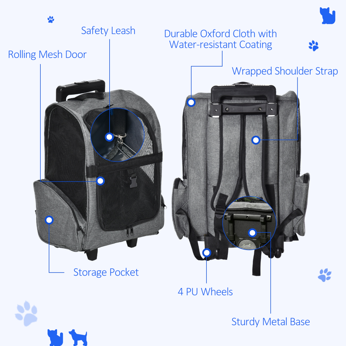 Pet Travel Backpack Bag Cat Dog Carrier w/ Trolley and Telescopic Wheel Grey
