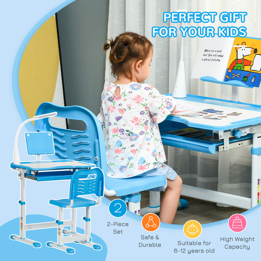 HOMCOM Kids Study Desk and Chair Set w/ USB Lamp, Adjustable Height, Blue