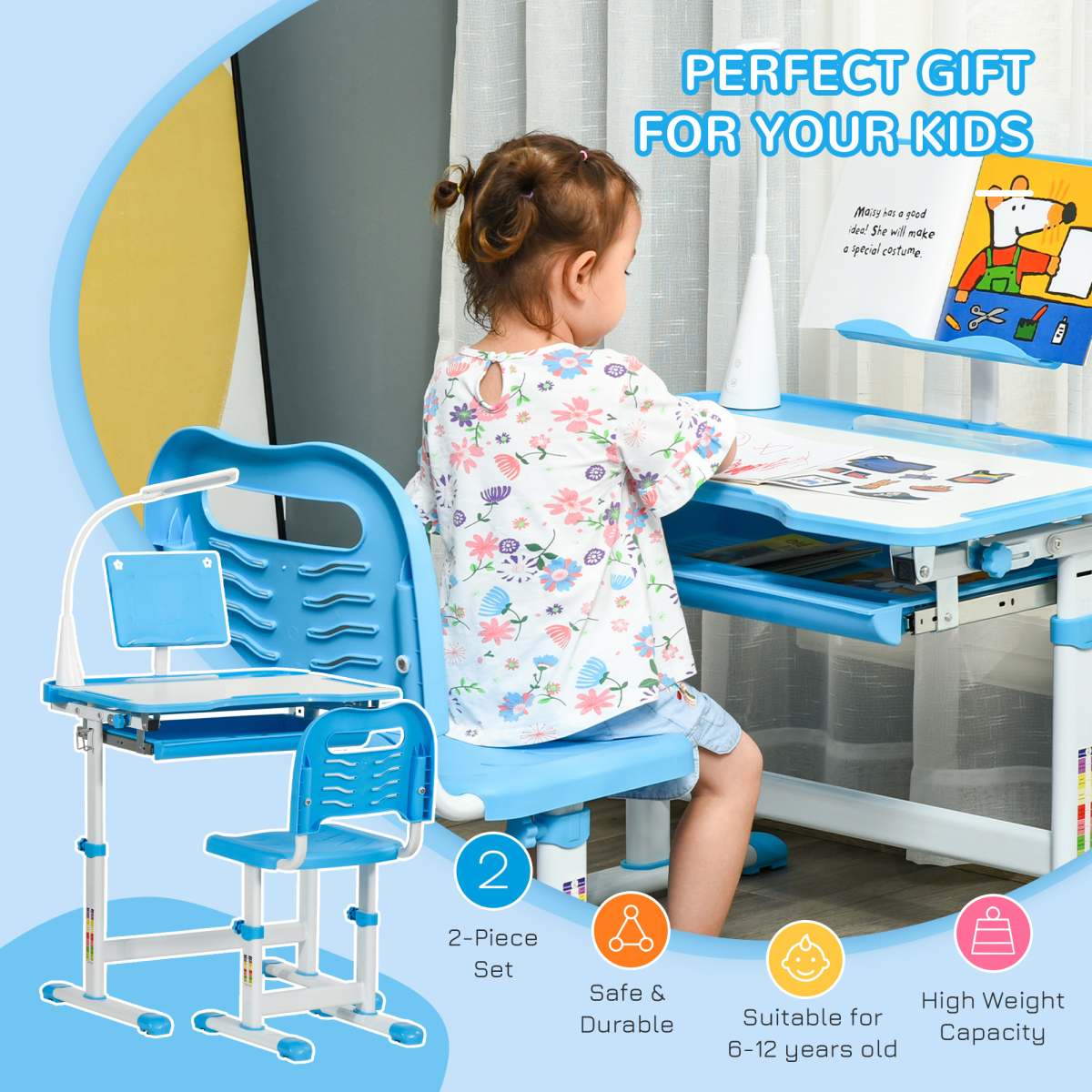 HOMCOM Kids Study Desk and Chair Set w/ USB Lamp, Adjustable Height, Blue