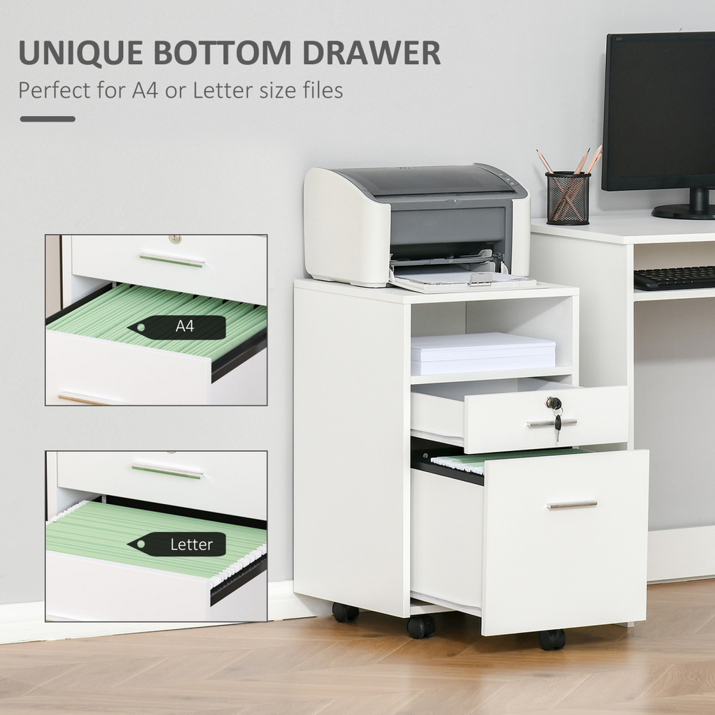 Mobile File Cabinet Lockable Documents Storage w/ 5 Wheels White Vinsetto