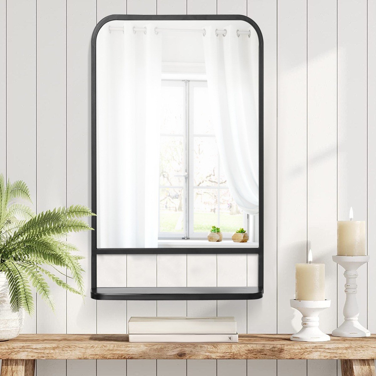 Square Wall Mirror with Shelf, 86x53 cm Modern Mirrors for Living Room, Bedroom