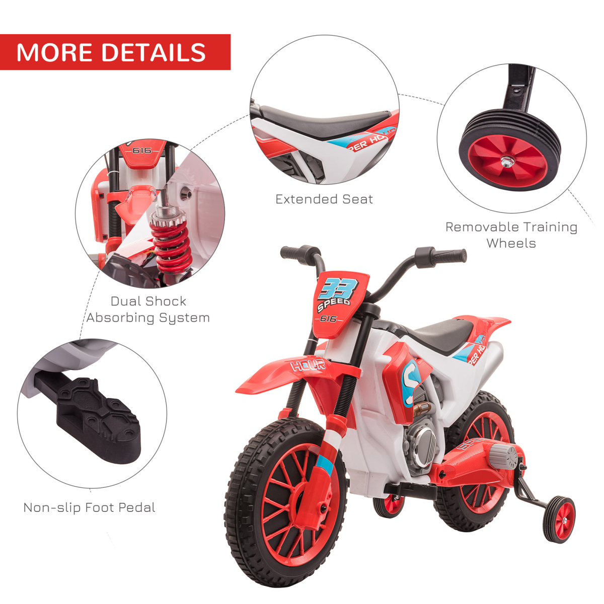 Kids Motorbike Electric Ride-On Toy with Training Wheels, for 3-5 Years - Red