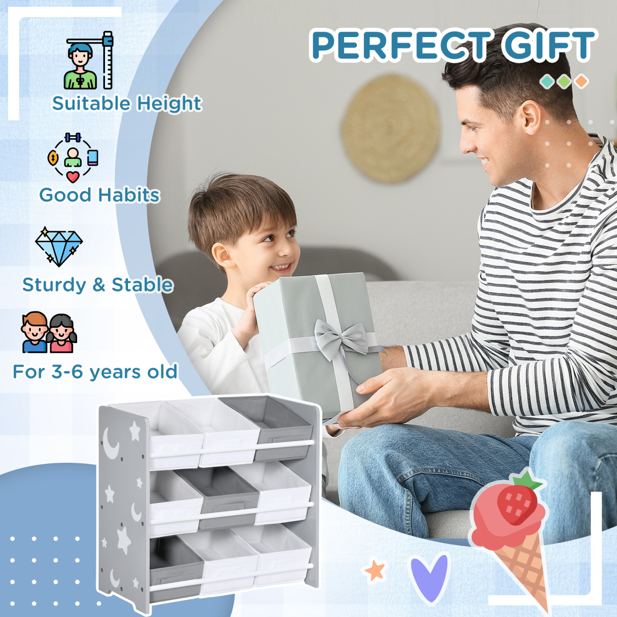 ZONEKIZ Storage Unit with 9 Removable Storage Baskets for Nursery Playroom - Grey