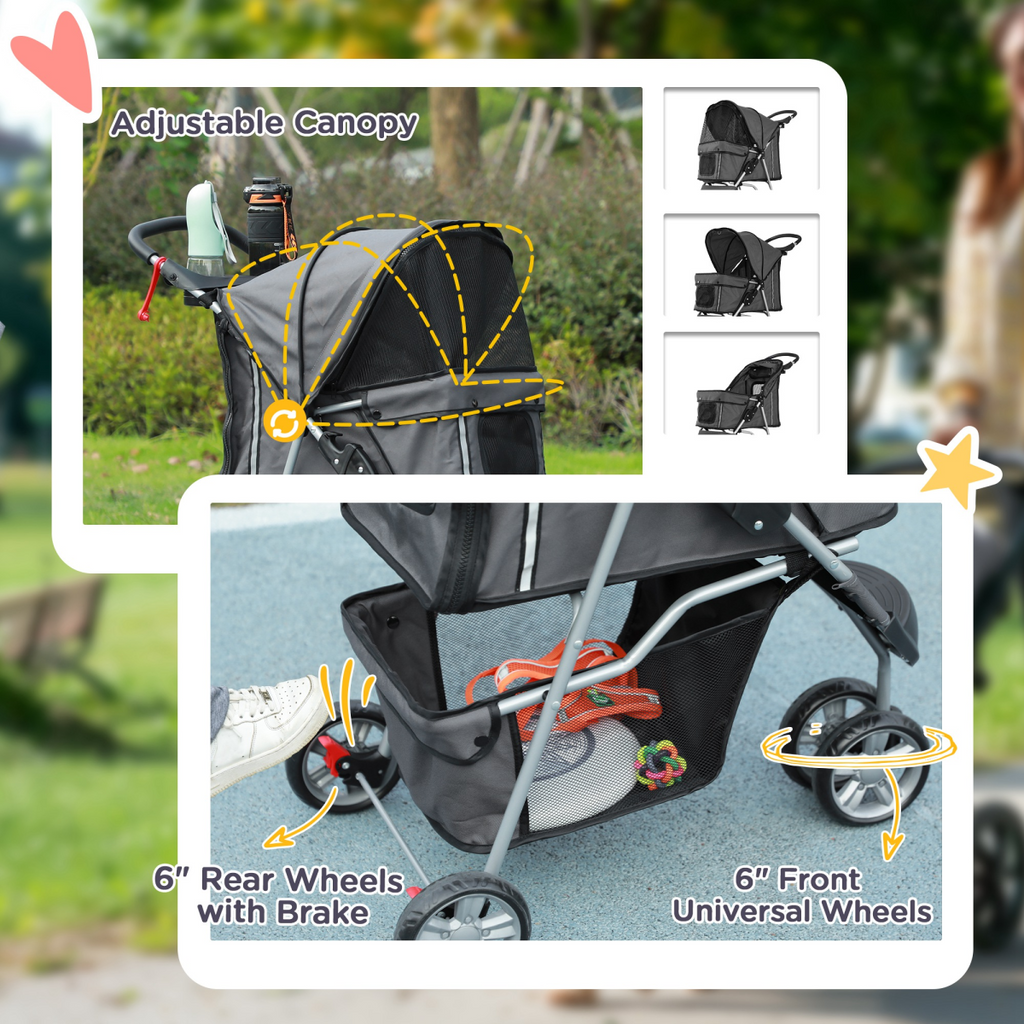 PawHut Pet Stroller Pushchair Carrier for Cat Puppy with 3 Wheels Dark Grey