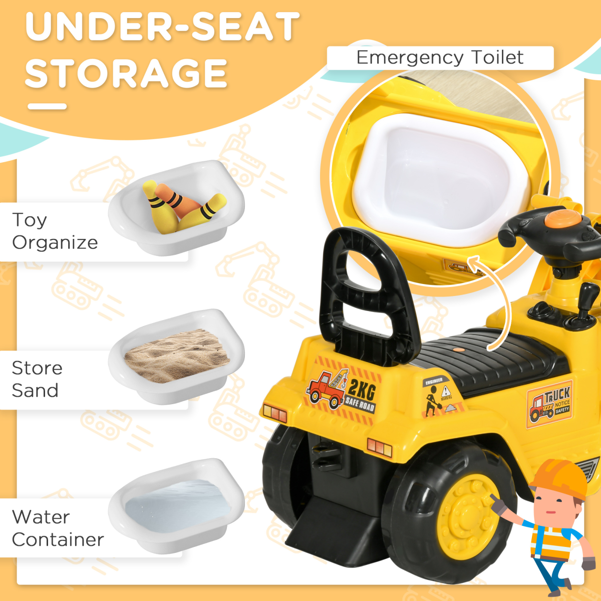 Ride-On Bulldozer Toddler Scooter Storage Cart Construction Truck
