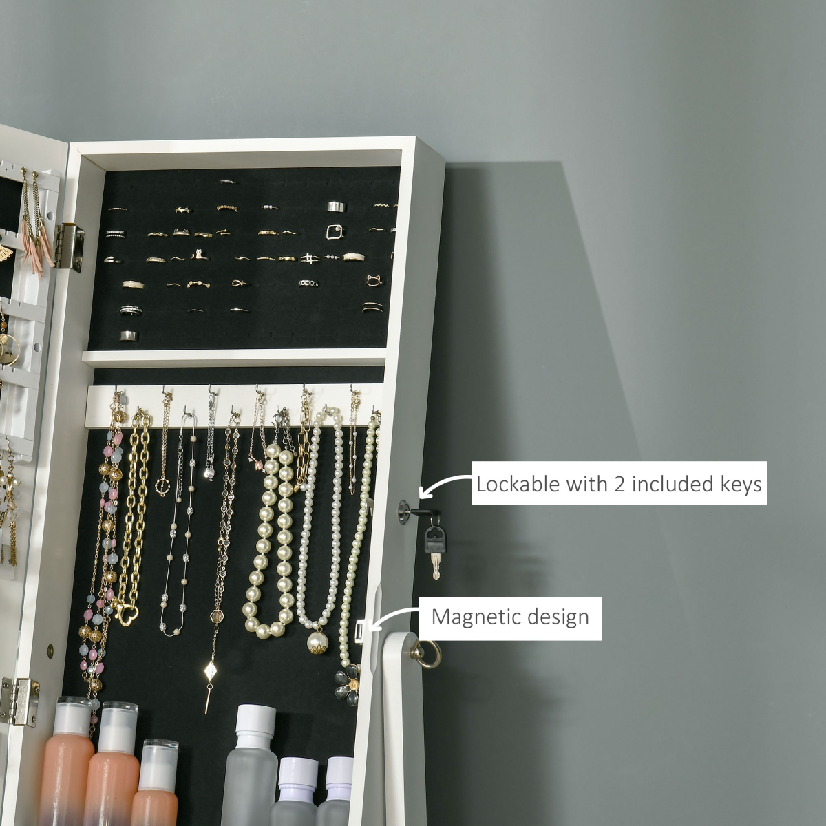Mirrored Jewellery Cabinet Lockable Jewellery Organiser White
