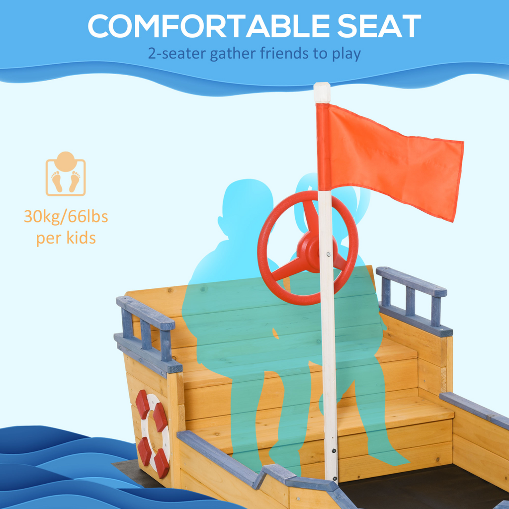 Kids Wooden Sandbox Pirate Ship Sandboat w/ Bench Seat Storage Space