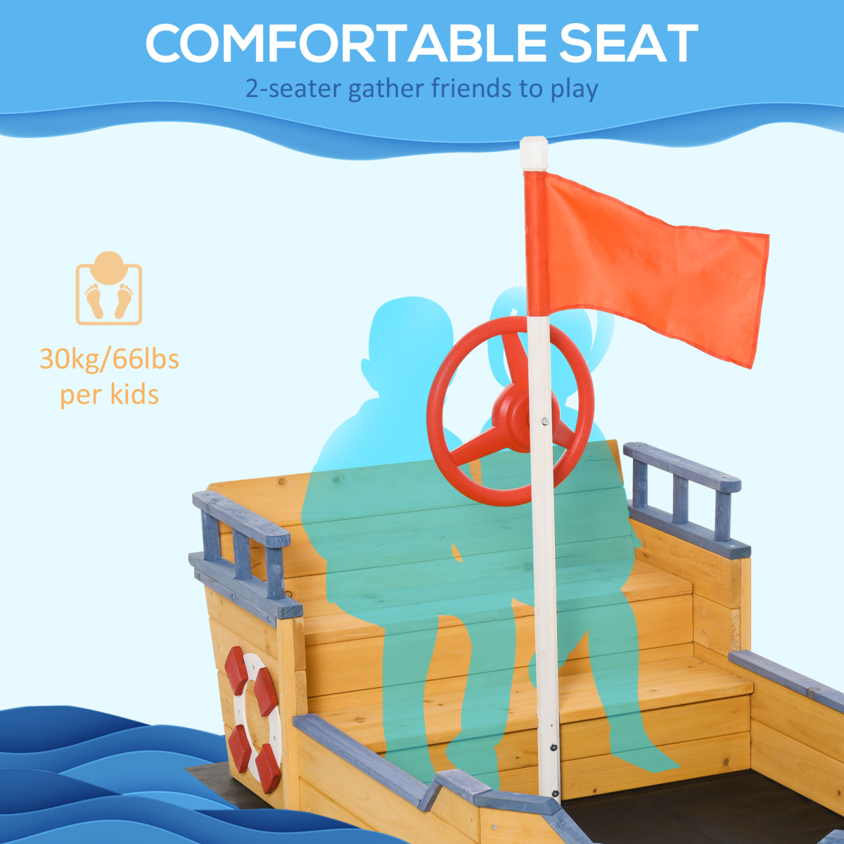 Kids Wooden Sandbox Pirate Ship Sandboat w/ Bench Seat Storage Space