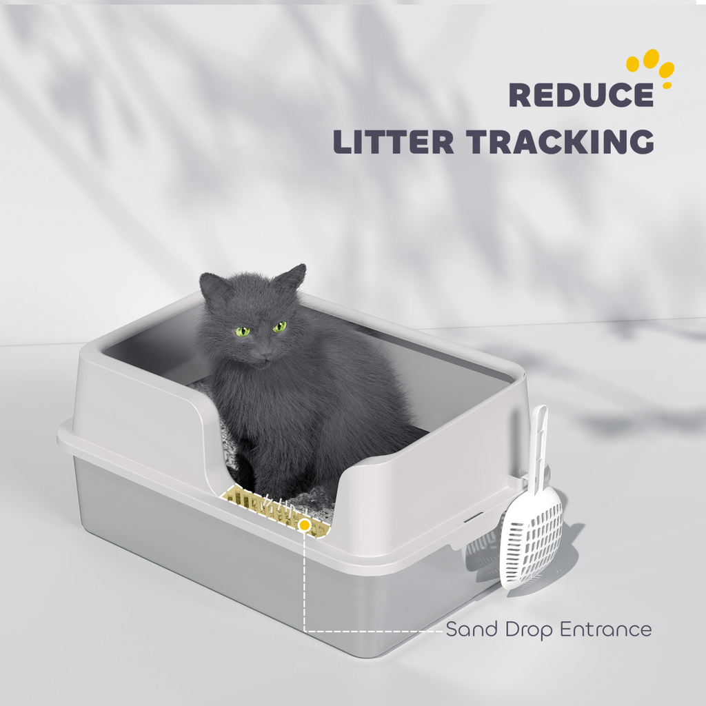 PawHut Stainless Steel Litter Box, High Sided Metal Cat Litter Tray w/ Scoop