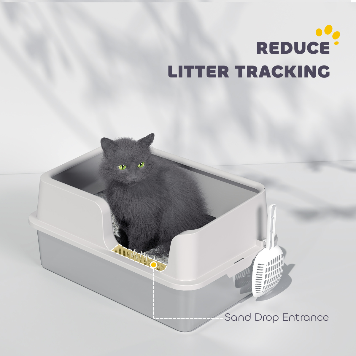 PawHut Stainless Steel Litter Box, High Sided Metal Cat Litter Tray w/ Scoop