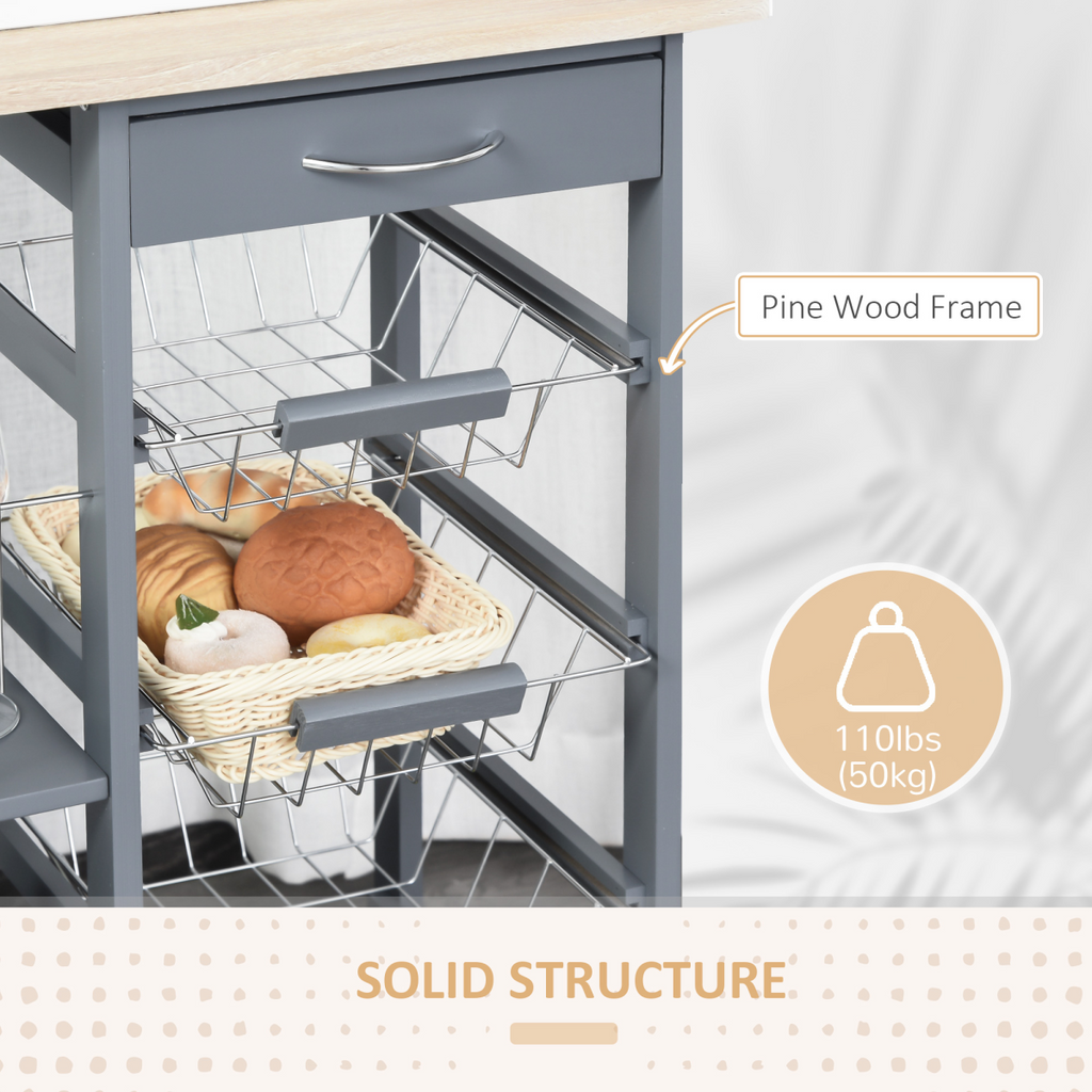 Kitchen Island Trolley w/ 4 Baskets 2 Side Racks Drawer Dark Grey