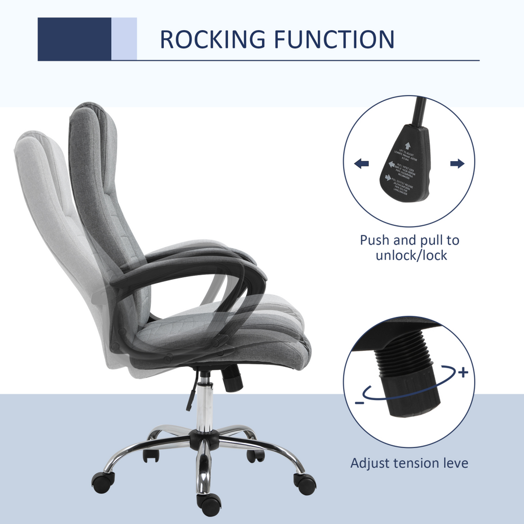 Linen Office Chair 360??Swivel High Back Wide Adjustable Seat Grey Vinsetto