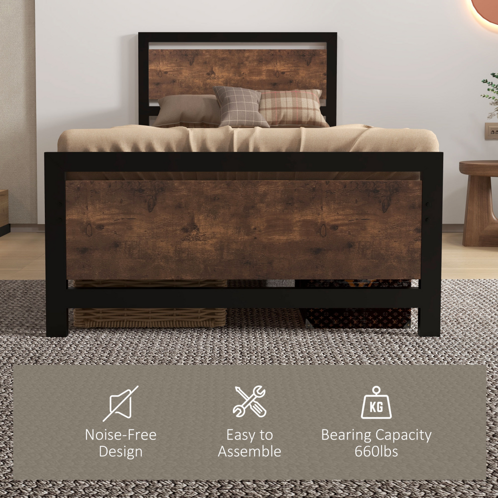HOMCOM Single Size Metal Bed Frame with Headboard & Footboard, 97x195x103cm