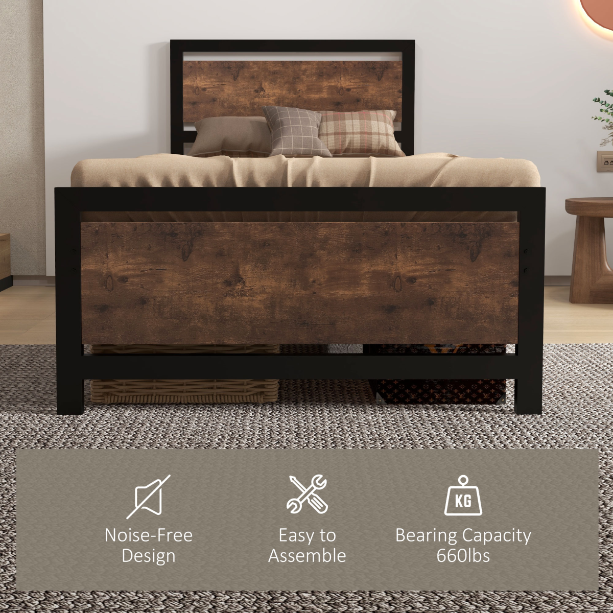 HOMCOM Single Size Metal Bed Frame with Headboard & Footboard, 97x195x103cm