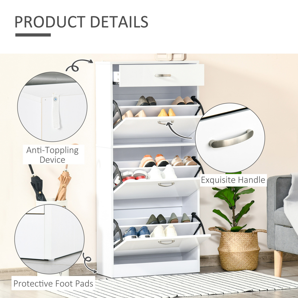 Shoe Cabinet 4 Drawers Storage with Flip Doors Shelves for 18 Pairs White