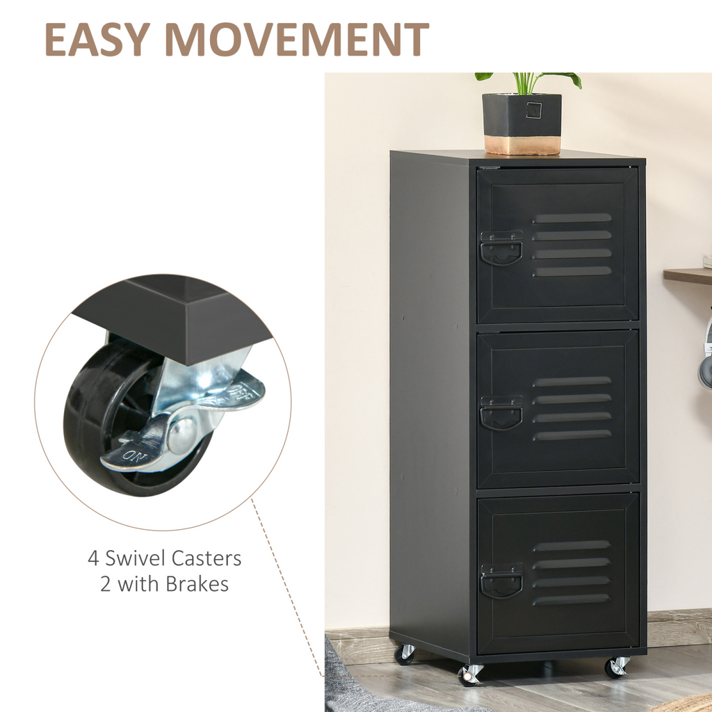 Rolling Storage Cabinet 3-Tier Mobile File Cabinet with Wheels Black