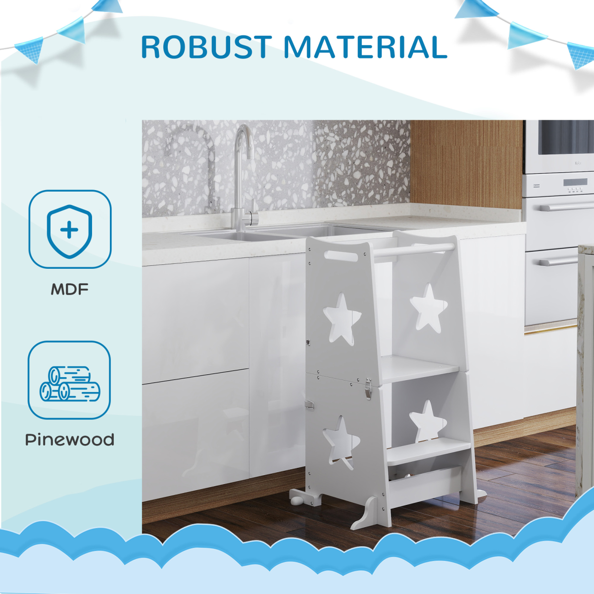 AIYAPLAY 2 in 1 Toddler Step Stool with Safety Rail for Kitchen, White
