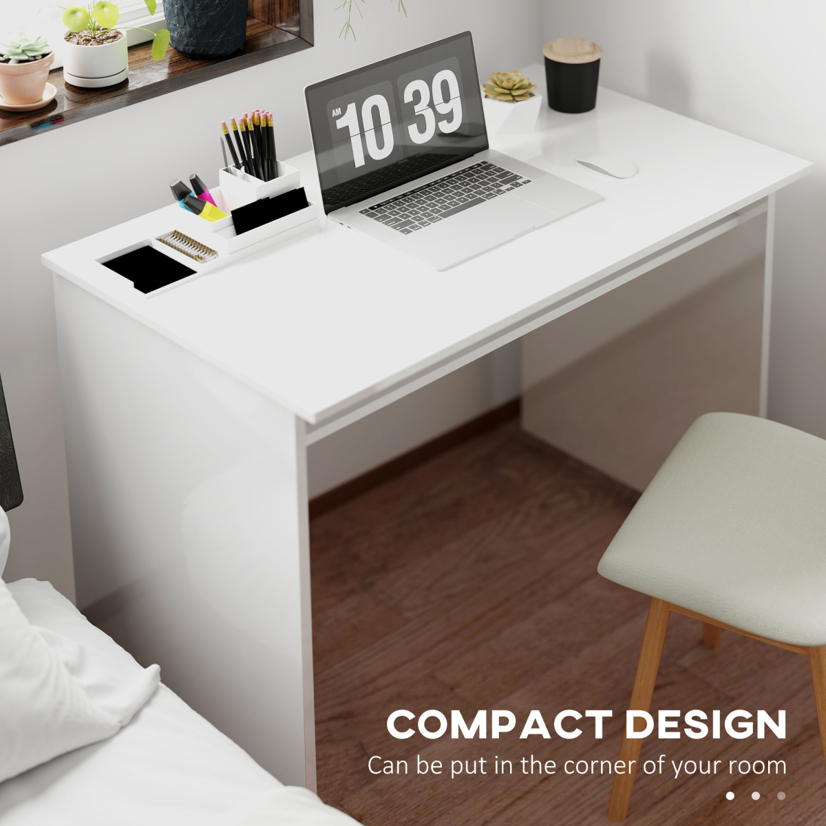 HOMCOM Computer Desk Writing Table Study Workstation Storage High Gloss White