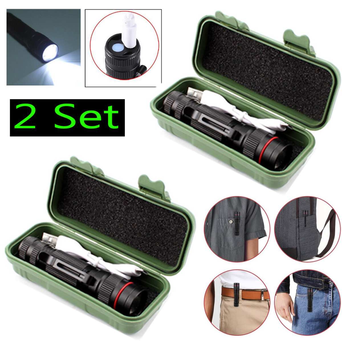 2 Pack USB Rechargeable LED Flashlight Adjustable Focus 3-Modes Outdoor Mini Flashlight