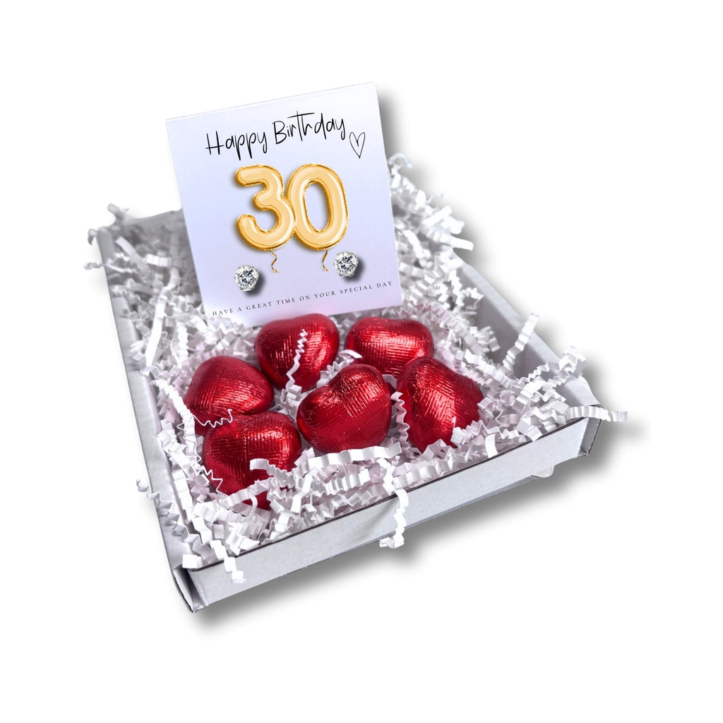 30th Birthday Cubic Zirconia Stud Earrings & Gold Balloons Mini Gift Hamper