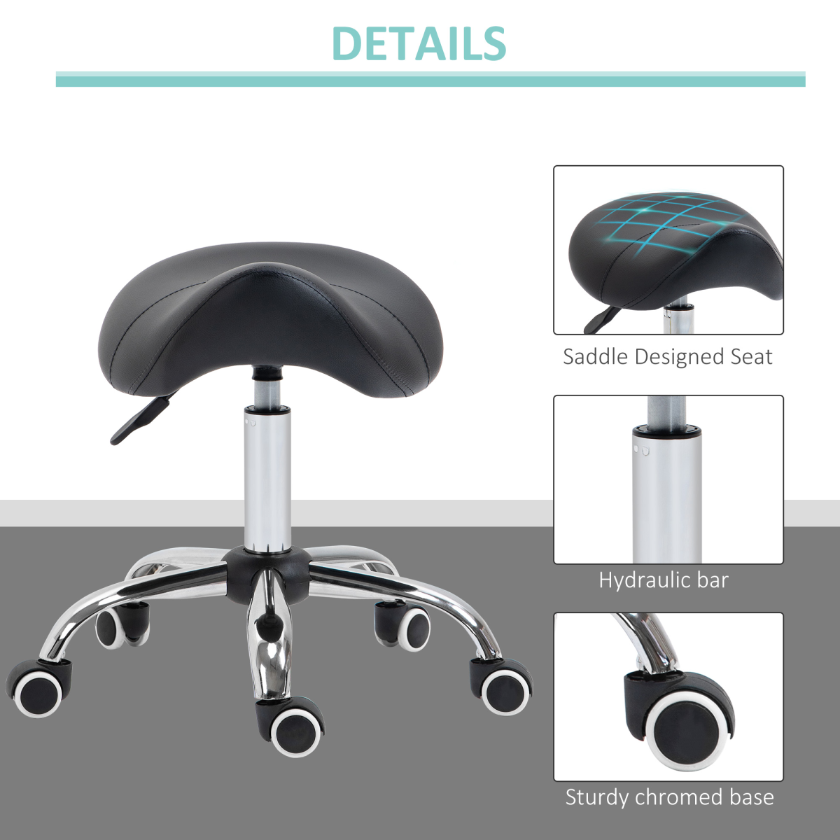 PU Leather Saddle Stool with Moulded Padded Seat Adjustable Height 5 Wheels Black