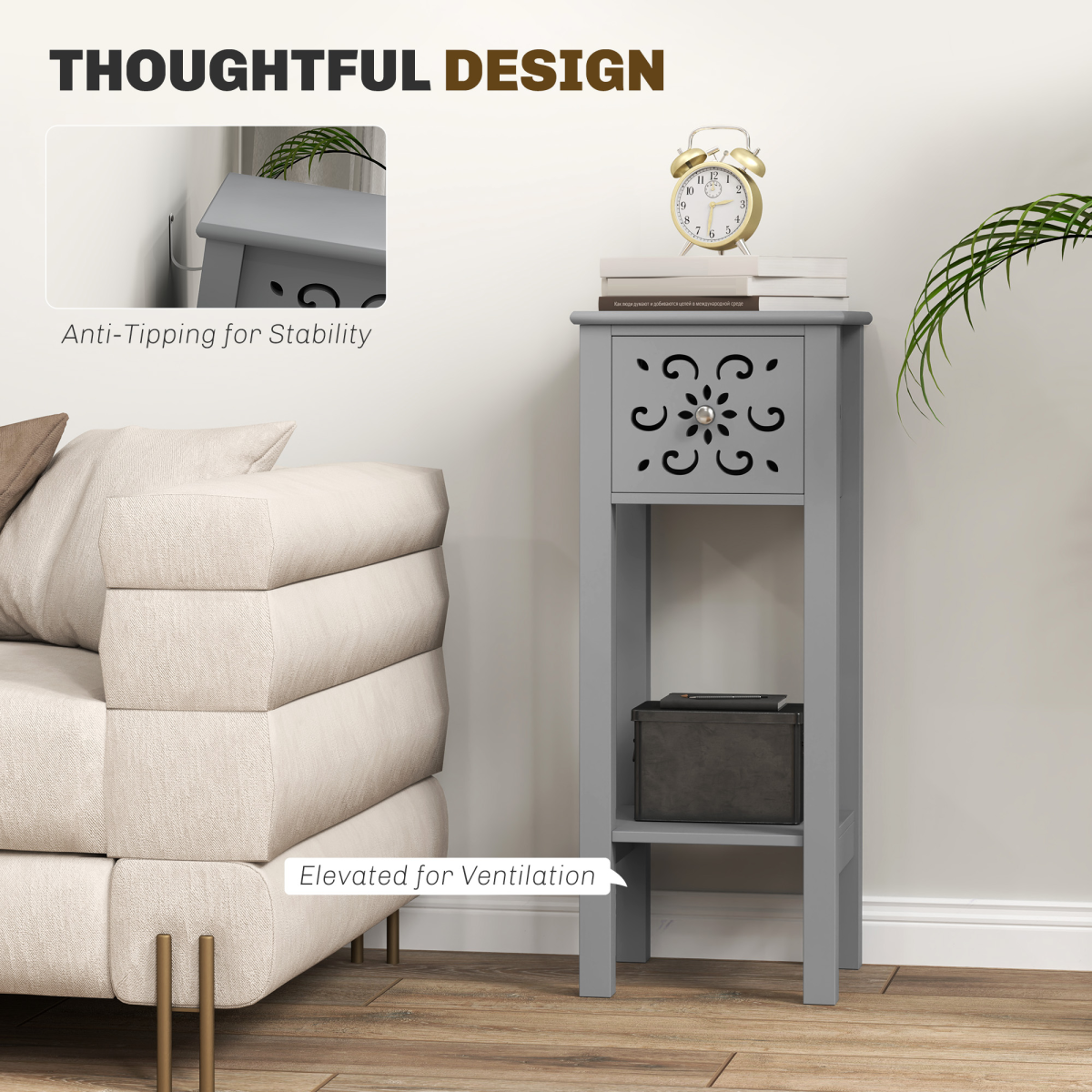 Elegant Floral Design Grey MDF Storage Unit Set