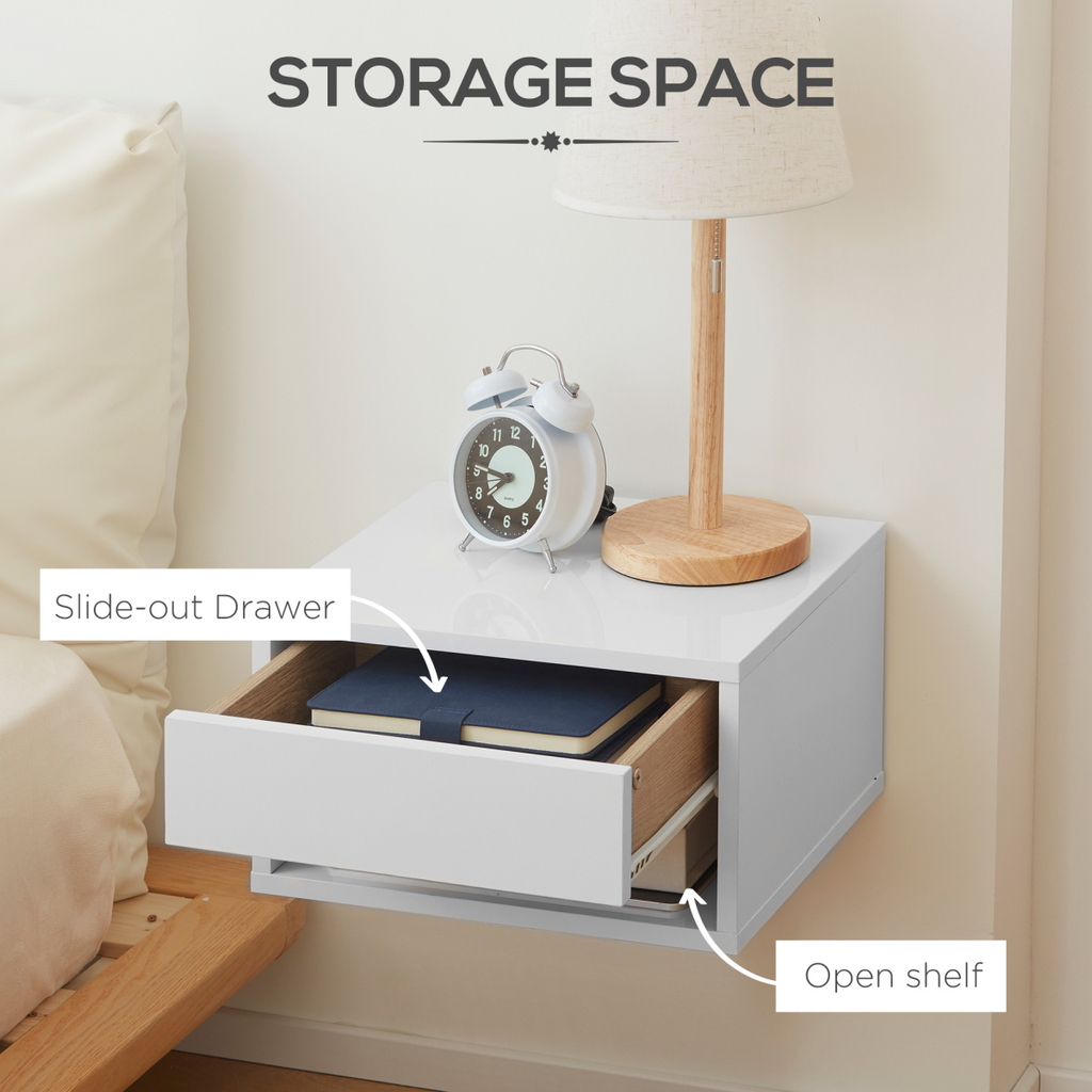 HOMCOM Floating Bedside Table Set of 2 Wall Mounted Nightstand W/ Drawer White