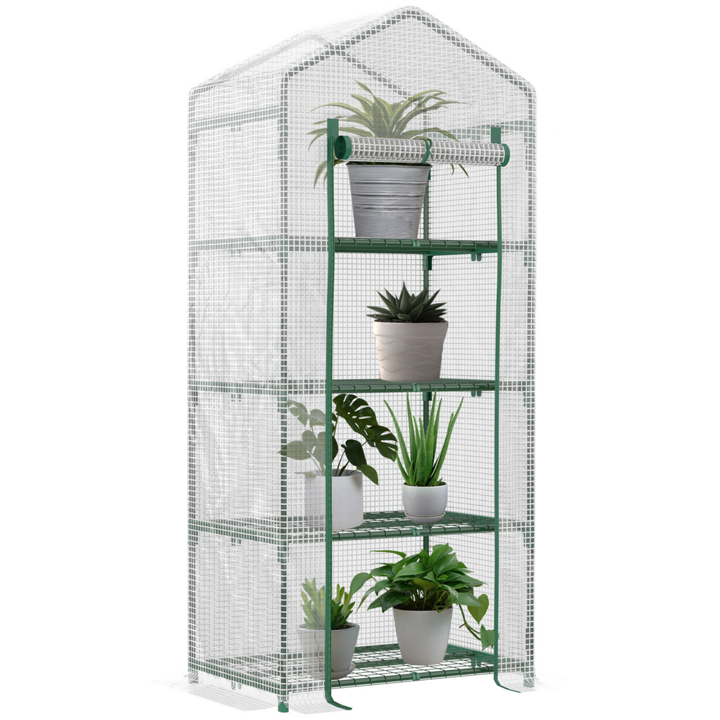 4-Tier Mini Greenhouse with Green & White PE Cover – 160cm