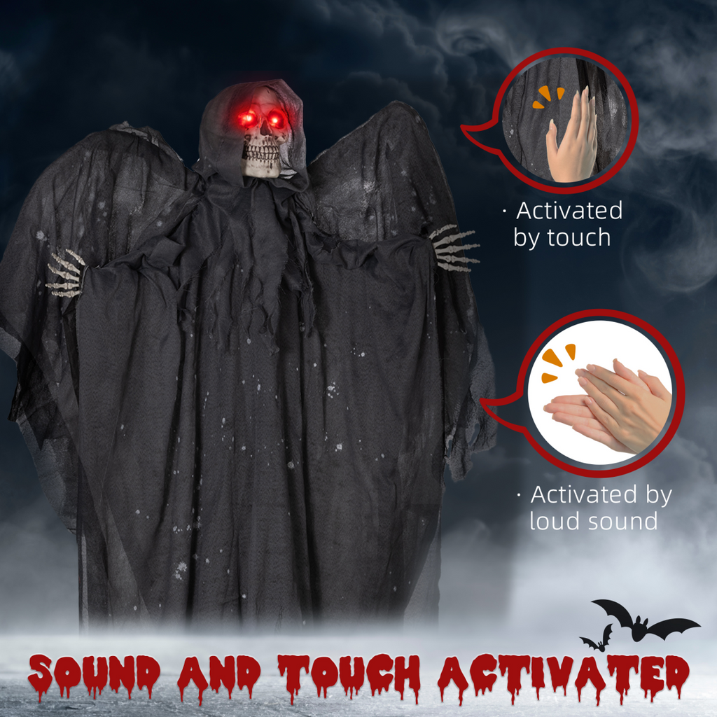 HOMCOM Winged Grim Reaper Animatronic Prop w/ Light Up Eyes, for Haunted House