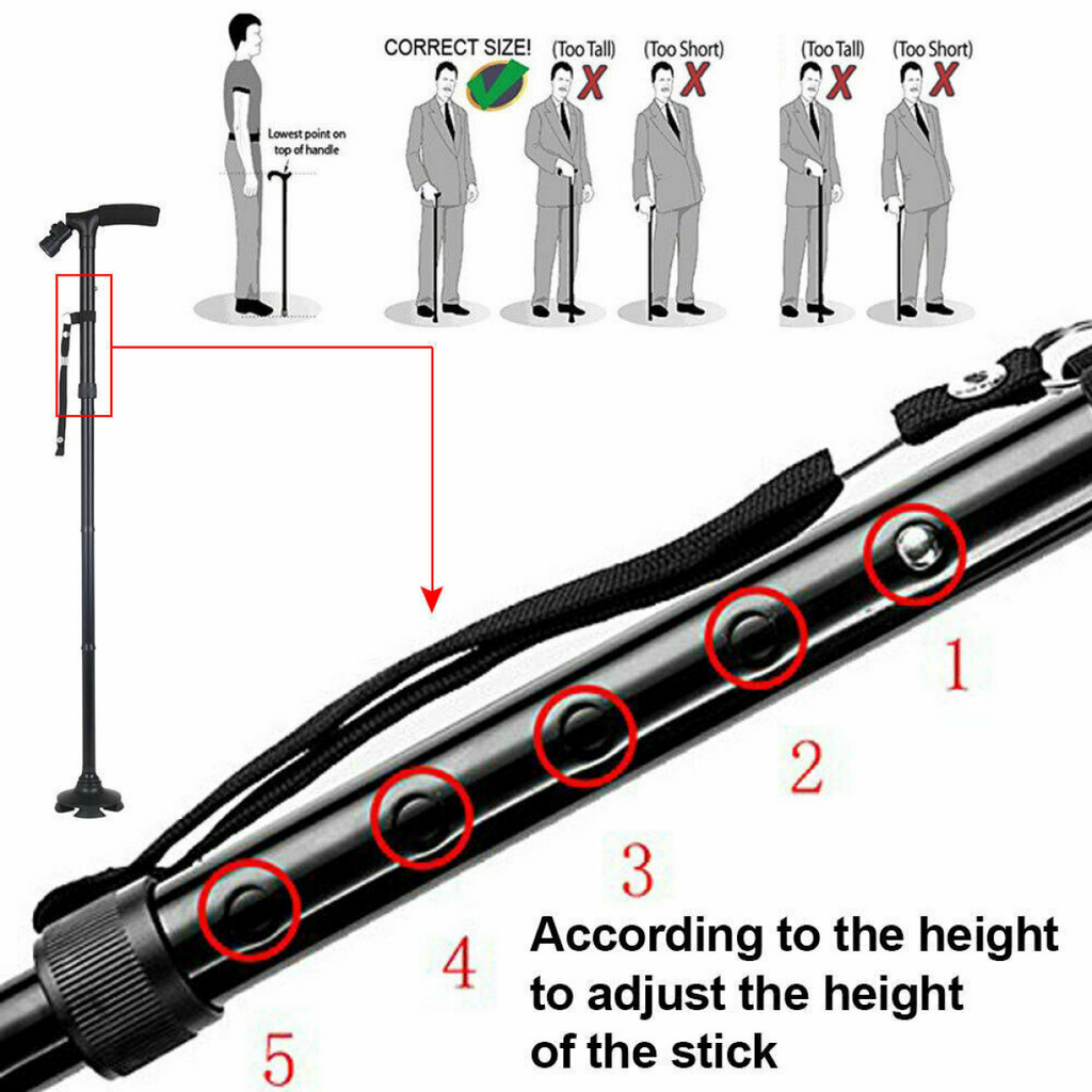 5-Levels Adjustable Height Walking Stick Portable Foldable Cane Travel Camping