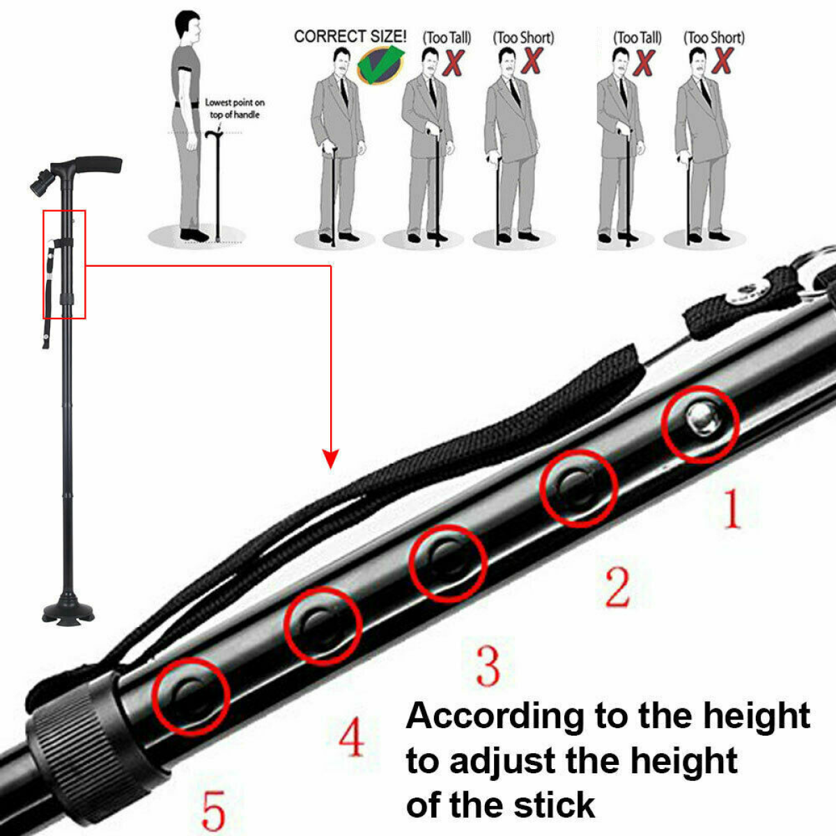5-Levels Adjustable Height Walking Stick Portable Foldable Cane Travel Camping