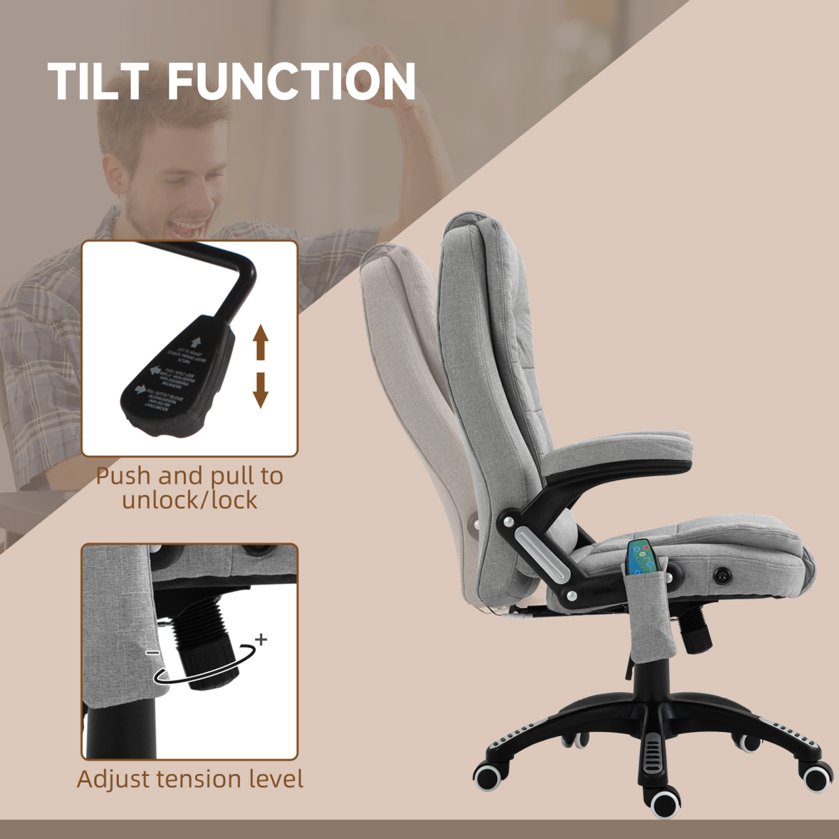 Executive Reclining Chair w/ Heating Massage Points Relaxing Headrest Grey
