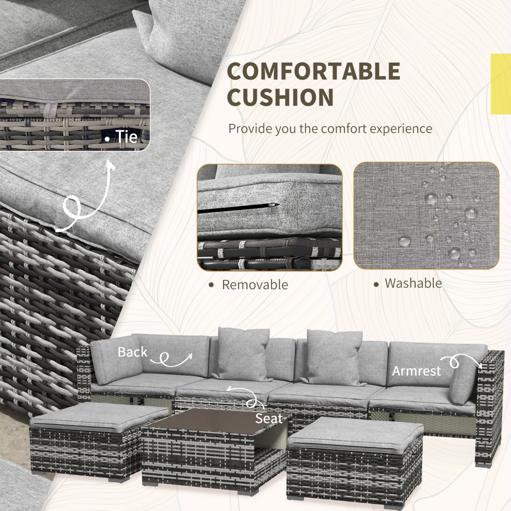Outsunny 7 PCs Rattan Garden Furniture Set with Side Shelf, Stools, Table, Grey