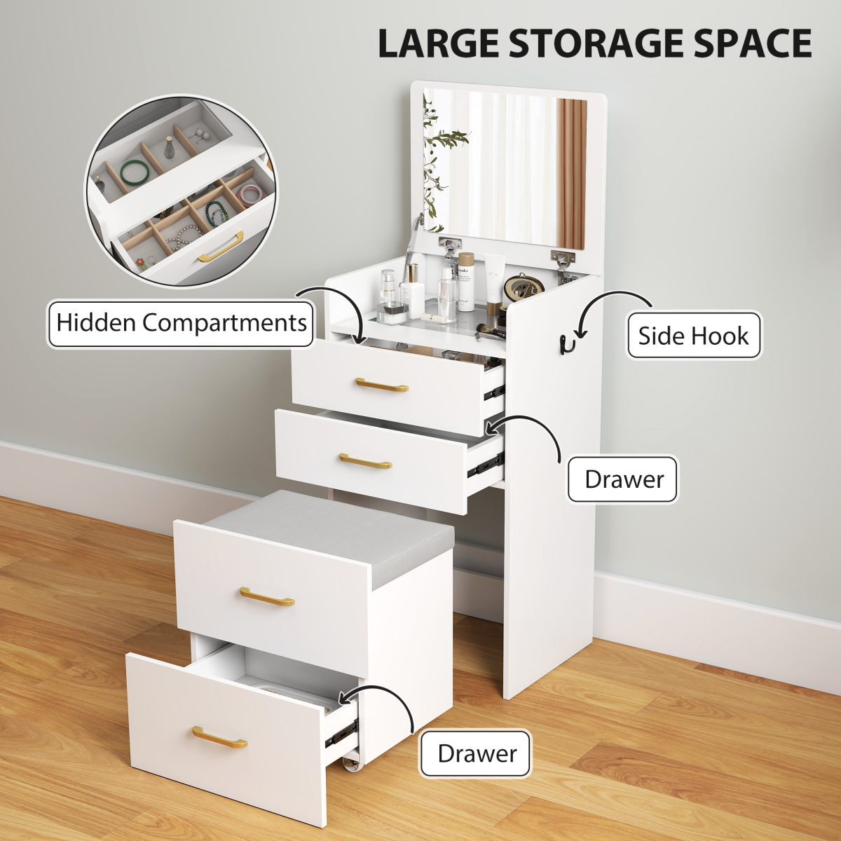 HOMCOM 3 in 1 Dressing Table Vanity Desk with Mirror and Cushioned Stool