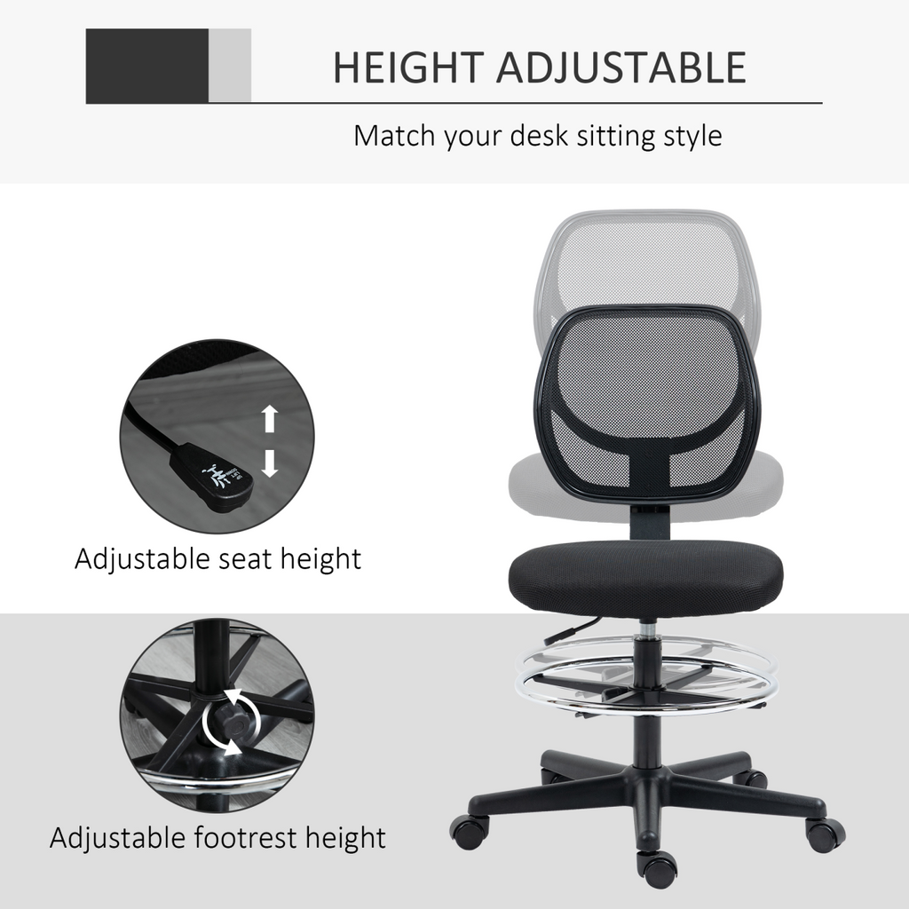 Vinsetto Draughtsman Chair Tall Office Chair with Adjustable Footrest Ring Black