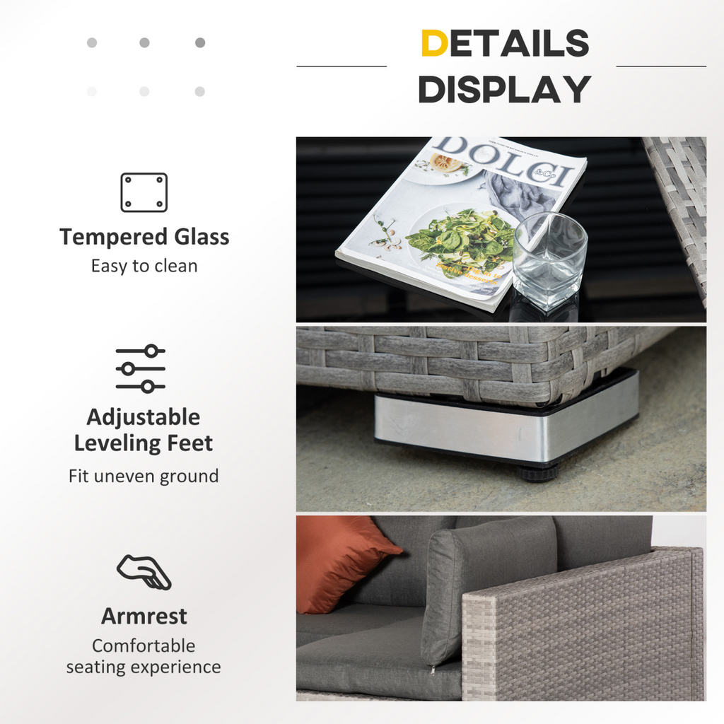 6-Seater Patio PE Rattan Sofa Set, w/ Tempered Glass Coffee Table Grey