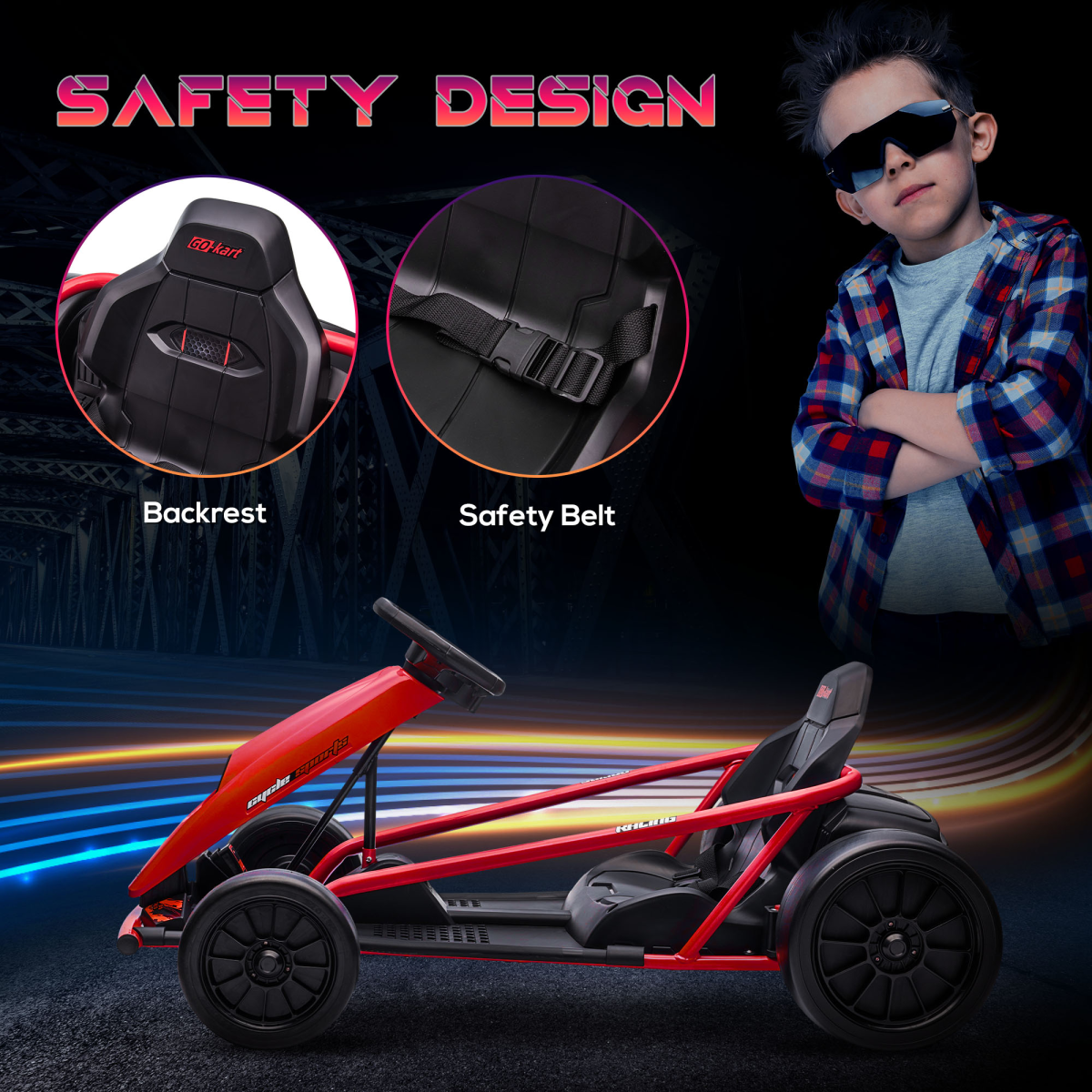 HOMCOM 24V Electric Go Kart for Kids with Music, Horn Honking, Slow Start