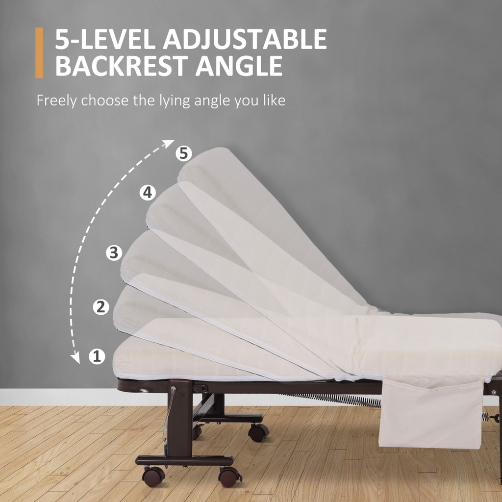 Folding Bed with Mattress & Wheels, Adjustable Backrest, Brown